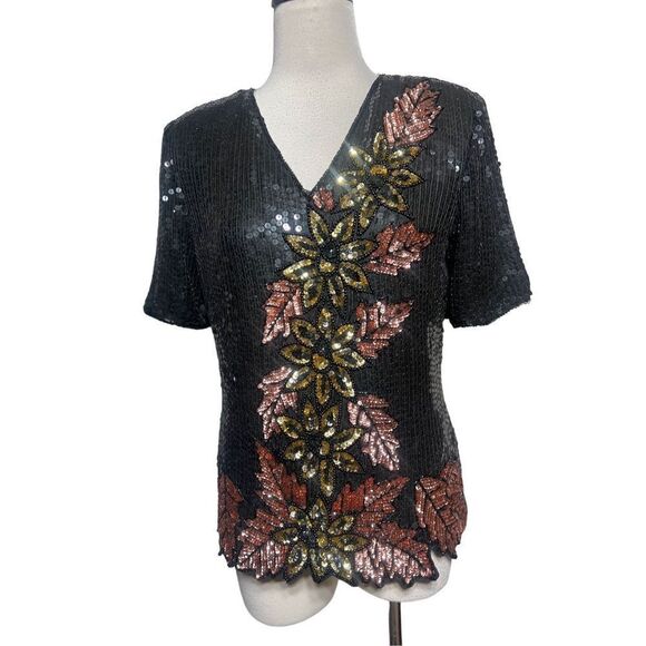 Vintage Stenay Short Sleeve Sequined Blouse Fall Flowers Size Small - Picture 2 of 6